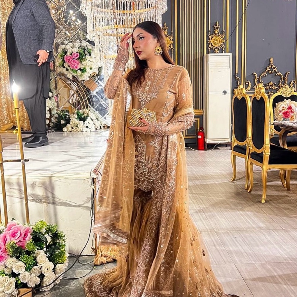 Embroidered Gold Bridal Lehenga with Sheer Dupatta